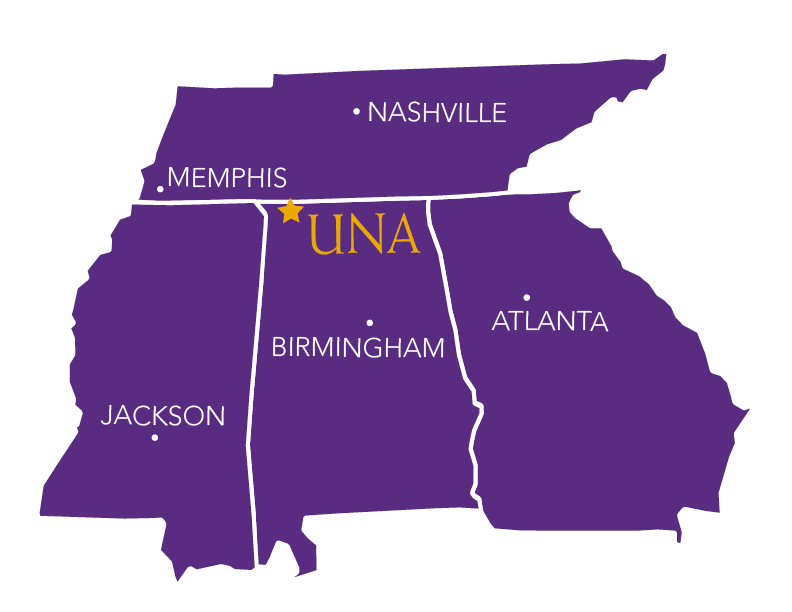 Map showing UNA's location in the south region of the United States